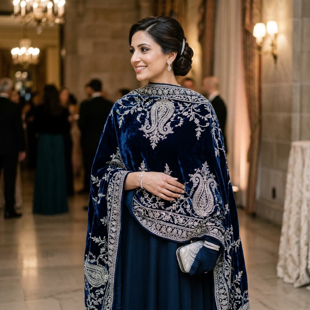 Blue Velvet Embroidered Shawl