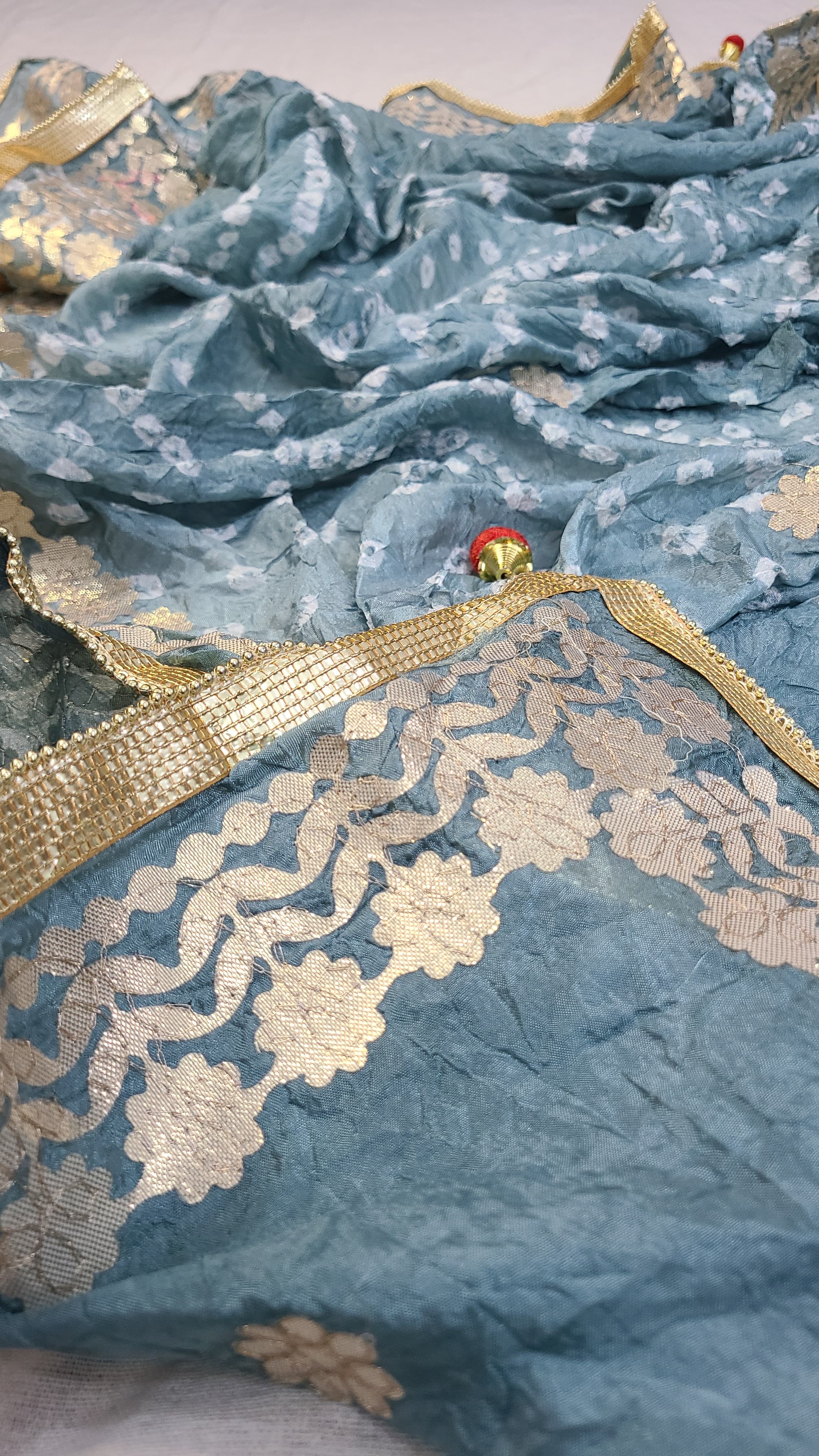 Silk Chunri Dupatta | Press Gota | Handwork | Gray