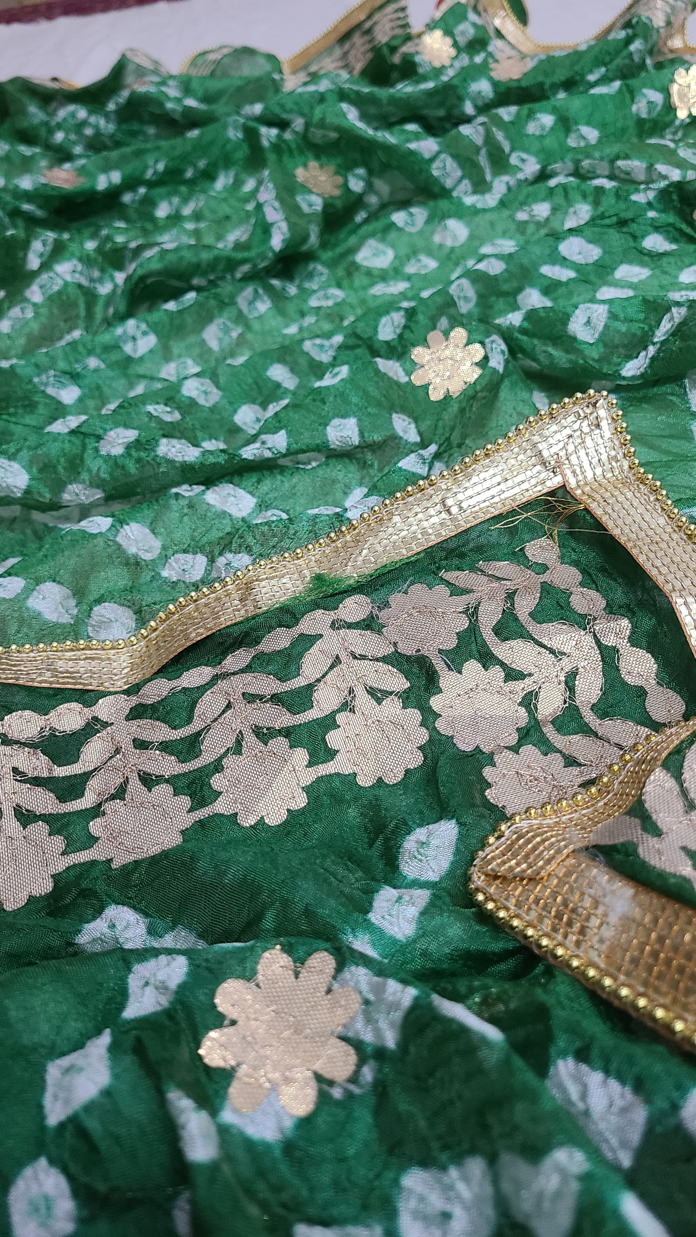Silk Chunri Dupatta | Press Gota | Handwork | Bottle Green