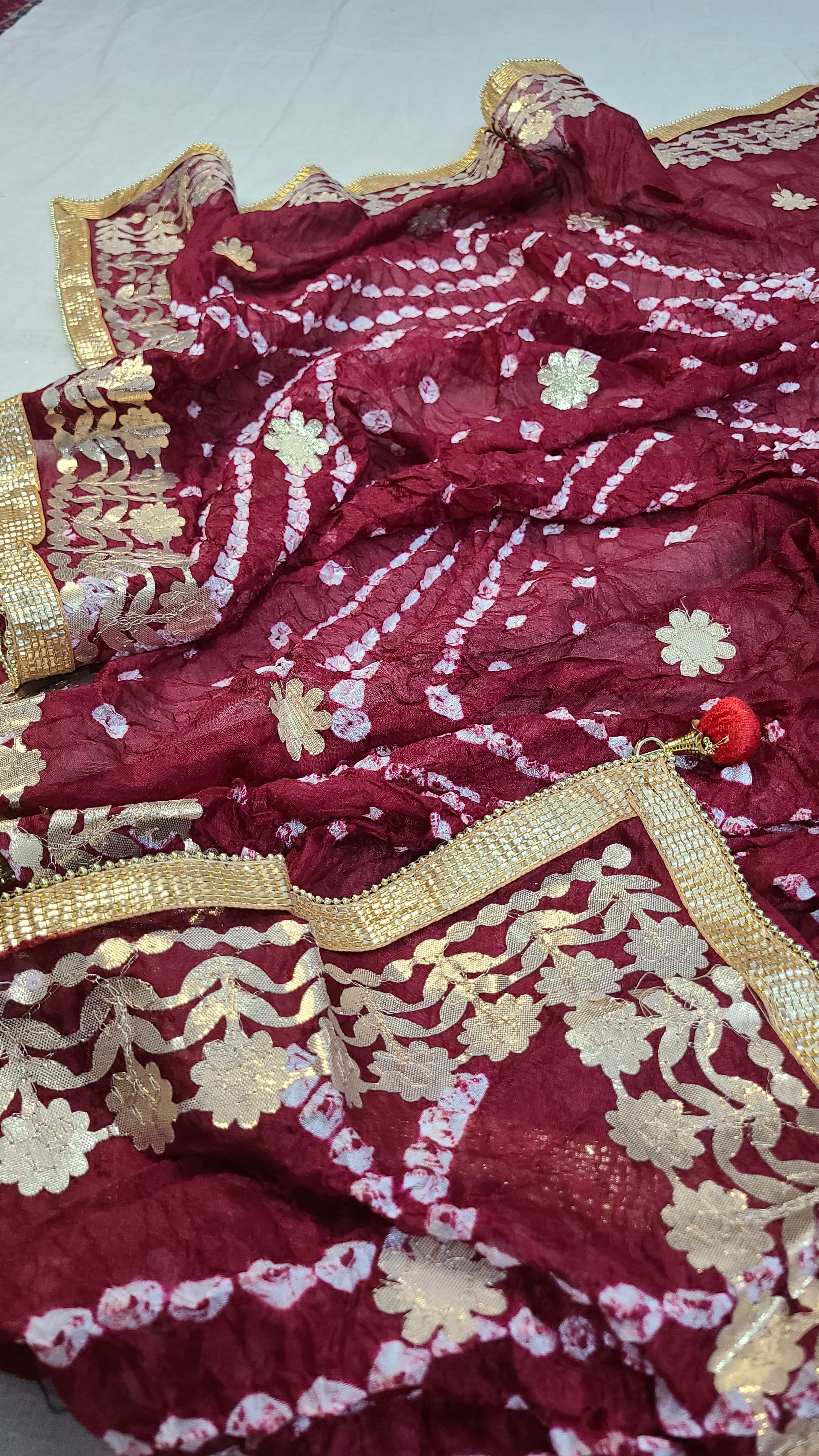 Silk Chunri Dupatta | Press Gota | Handwork | Maroon