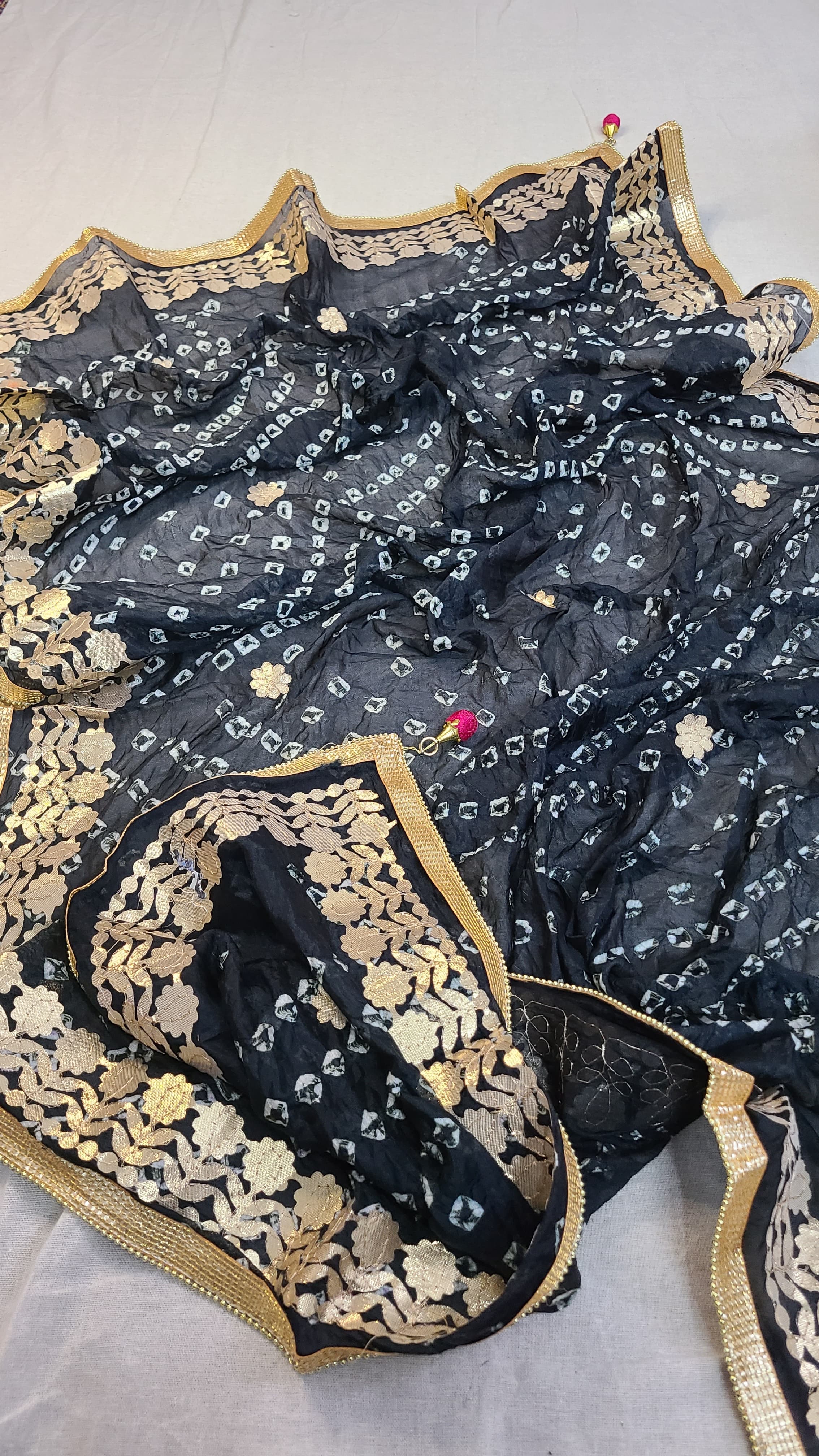 Silk Chunri Dupatta | Press Gota | Handwork | Black