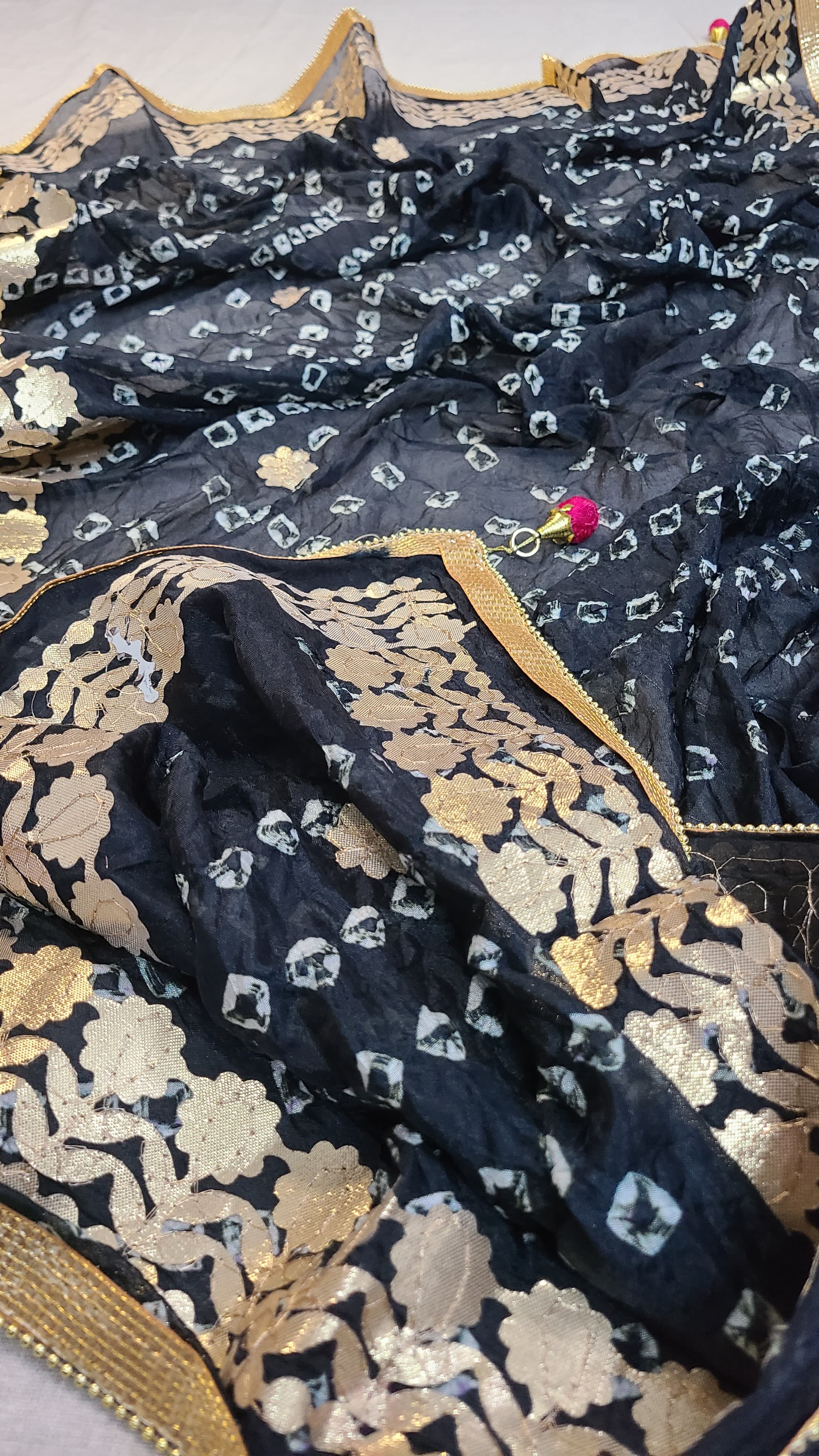 Silk Chunri Dupatta | Press Gota | Handwork | Black