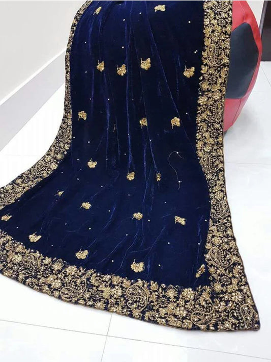 Velvet Embroidered Shaw | Navy Blue