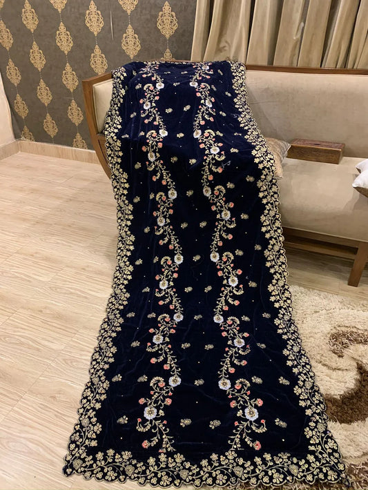 Velvet Embroidered Shawl | Bottle Green