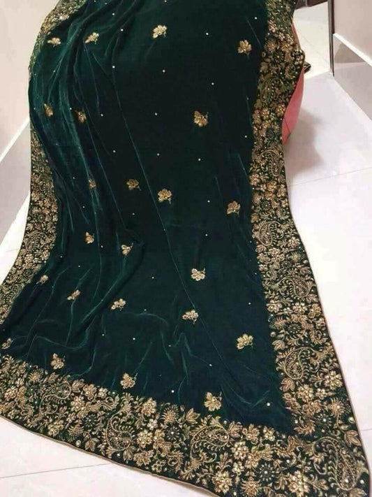Velvet Embroidered Shawl | Bottle Green