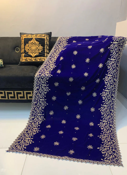 Velvet Embroidered Shaw | Royal Blue